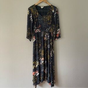 World Market  Maxi Navy Blue Floral Dress 3/4 sleeve Crochet Back Size S/M
